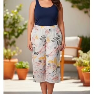 C&C California Women's 1X Linen Tropical Floral Wide Leg Cropped Pants